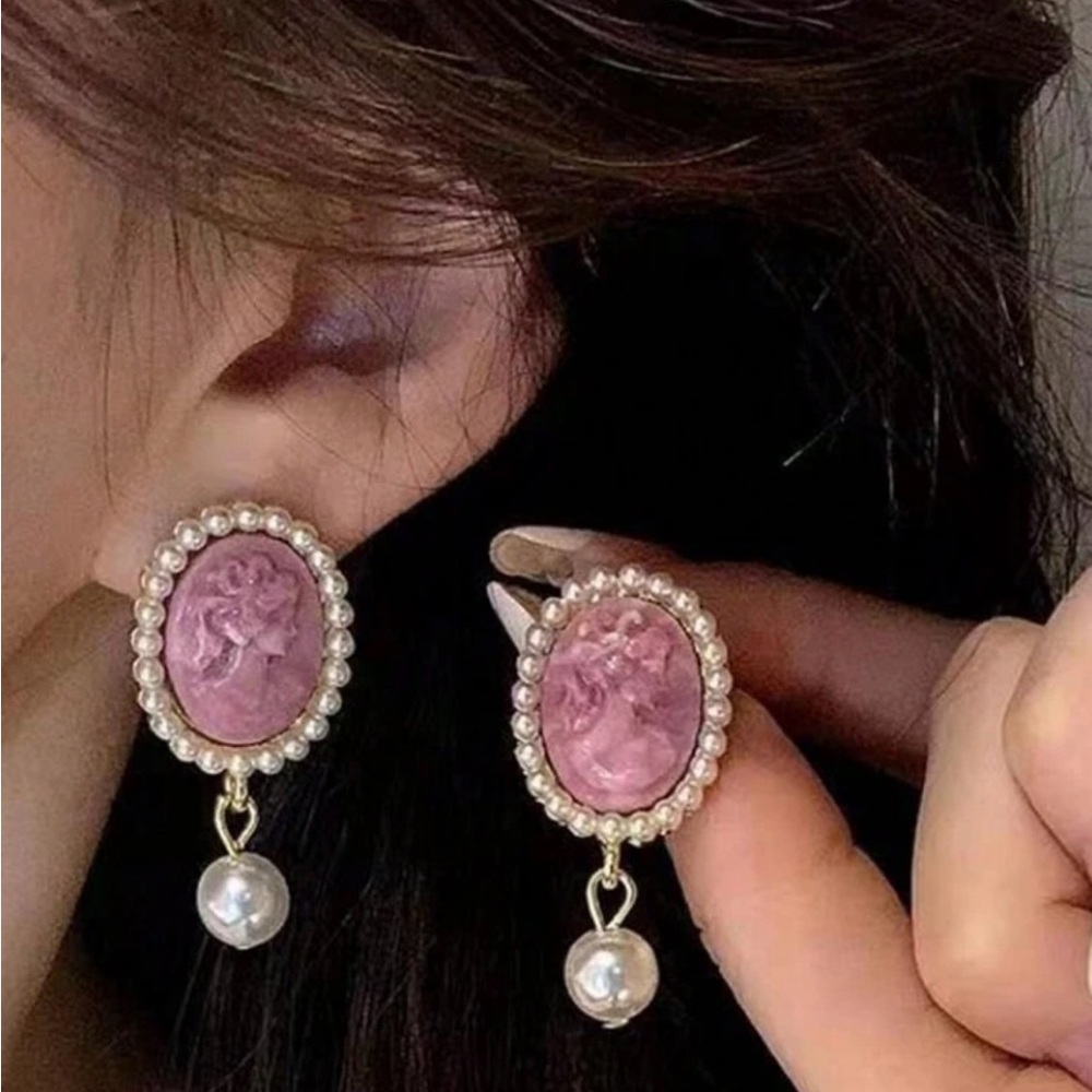 Coquette Pink Cameo Pearl Drop Earrings